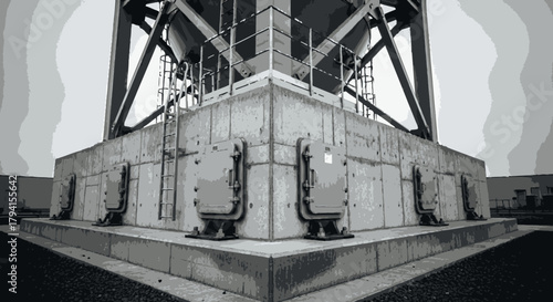 A striking low-angle monochrome view showcases the robust concrete foundation and intricate metal framework of a modern industrial structure, symbolizing strength and engineering.