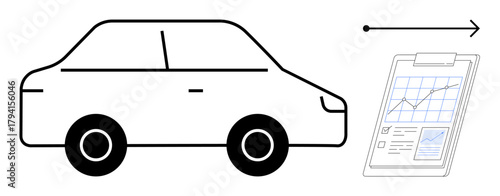 Car moving forward with an arrow next to a clipboard displaying performance charts. Ideal for transport, automotive, technology, efficiency, data analysis, logistics, business growth. Simple flat
