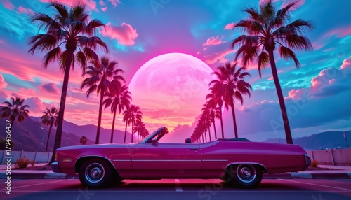 Wallpaper Mural A retro convertible parked under neon palm trees with holographic skies above merging warm sunset to Torontodigital.ca