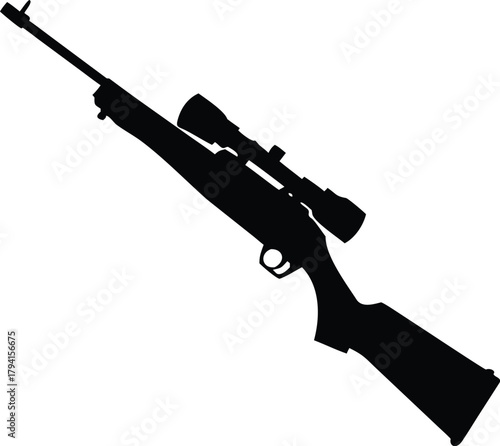 A black silhouette depicting a rifle with a scope isolated on white