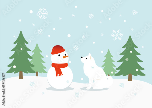 Winter scene with snowman and dog