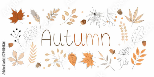 Autumn text with hand drawn leaves acorns and botanical elements in warm earthy tones