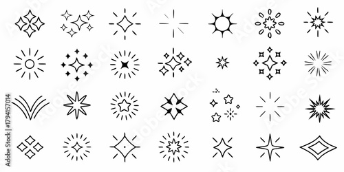 Collection of hand drawn starbursts and sparkles in black outline on a white background