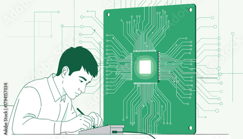 Young student studying computer science and electronics, with a large green circuit board and microchip illustration in the background