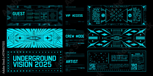 Futuristic digital access passes and tickets for vip guest crew and artist with qr codes