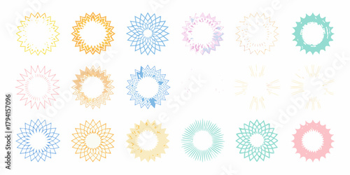 Collection of colorful starbursts and sunburst graphics in various geometric and abstract designs