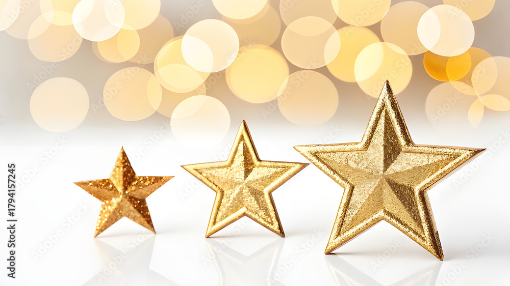 Obraz premium Three golden stars of varying sizes on a white surface with bokeh background