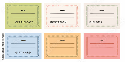 Collection of six colorful blank certificate invitation diploma and gift card templates with decorative borders