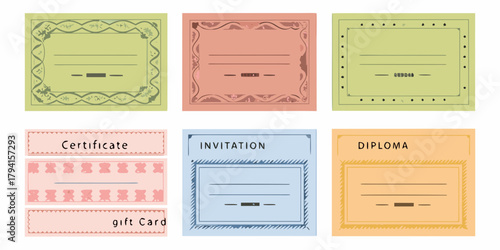 Collection of decorative certificates invitations and gift cards with colorful borders and blank spaces for text