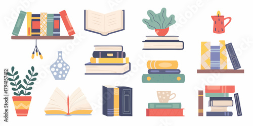 Cozy reading nook elements featuring books plants vases and a candle illustration