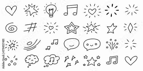 Collection of hand drawn doodle icons including hearts stars lightbulb music notes speech bubbles and more on white background