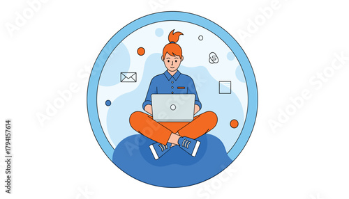 Young woman with red hair in a ponytail, wearing a blue shirt and orange pants, sitting crosslegged on a blue cloud with a laptop on her lap