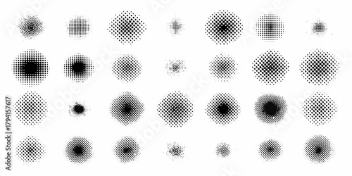 Collection of black halftone dots and circles in various sizes and gradients on white background