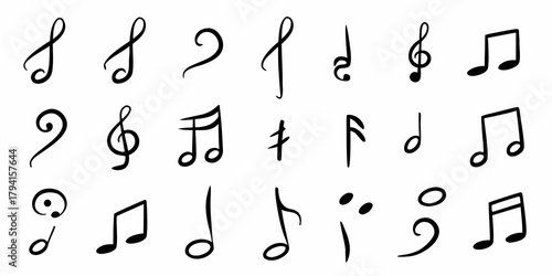 Collection of hand drawn musical notes and symbols on a white background