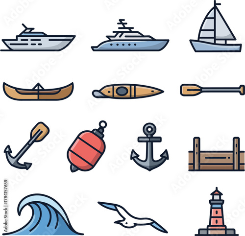 Nautical And Transportation Icons With Yacht Boat Anchor And Lighthouse Keywords: yacht, sailboat, canoe, kayak, paddle, anchor, buoy, dock, wave