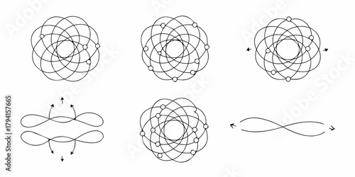 Abstract geometric diagrams illustrating interconnected circular patterns with nodes and directional arrows