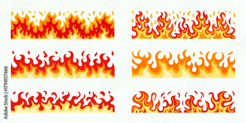 Set of six stylized cartoon flame borders in red orange and yellow on white background