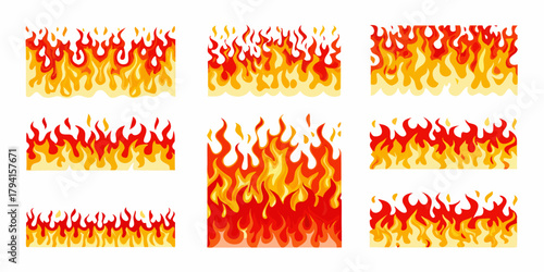 Collection of stylized cartoon fire borders and elements in various sizes and shapes