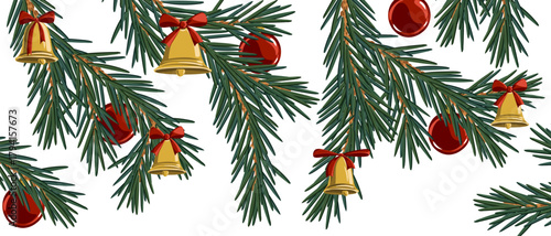 vector drawing Christmas background, New year composition, fir branches with green needles and decoration , hand drawn illustration