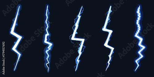 Collection of five stylized blue and white lightning bolt illustrations on a dark background