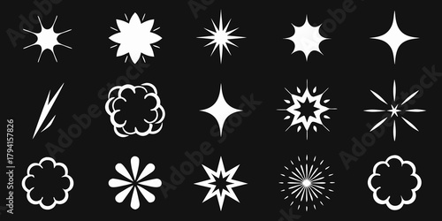 Collection of white starbursts and explosion shapes on a black background for graphic design
