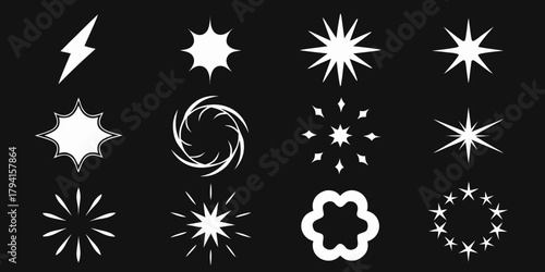 Collection of twelve white graphic elements and symbols on a black background representing bursts stars and flashes
