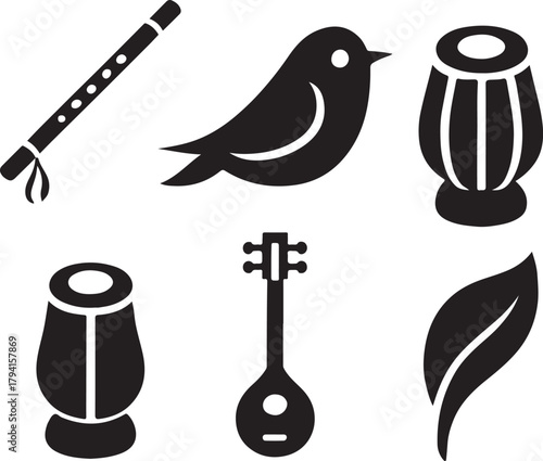 Collection of indian musical instruments and bird silhouette
