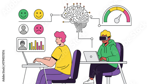 Illustration of people using technology for data analysis and virtual reality, connected to a brain icon