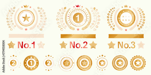Collection of golden laurel wreaths stars and ribbons for first second and third place awards