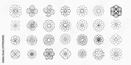 Collection of intricate geometric floral patterns and abstract circular designs in black line art on a white background
