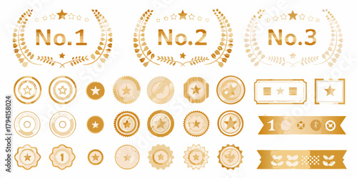 Collection of golden laurel wreaths with numbers one two three and various star badges and ribbons