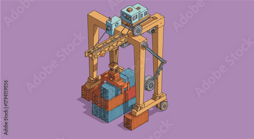 Isometric vector illustration of a port gantry crane lifting and stacking cargo containers at an industrial shipping terminal