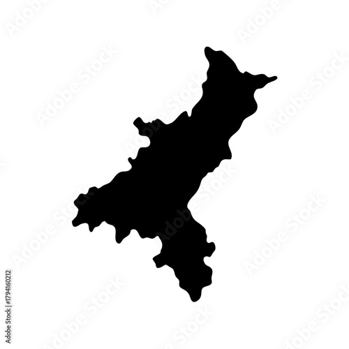Detailed geographical silhouette of North Korea's territory against a clean white background