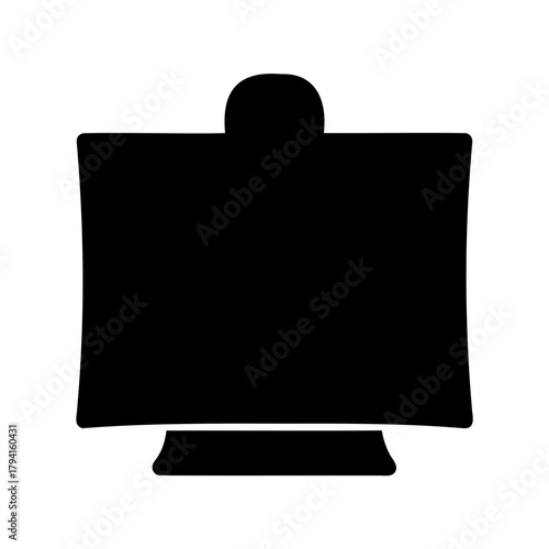 Stylized black silhouette of a television monitor and curved stand, simple design