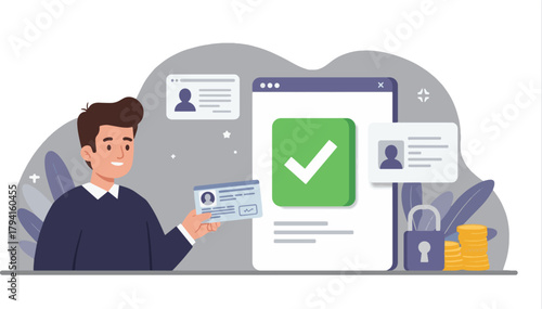 Secure Identity Verification Illustration of a Man Holding an ID Card with Online Checkmark