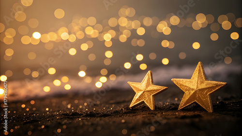Two golden stars with a bokeh background of warm lights