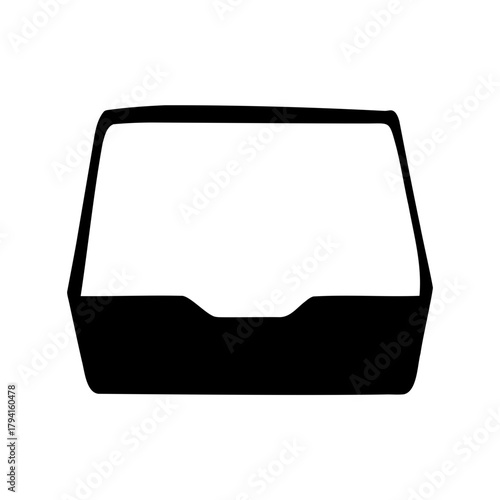 A black and white silhouette illustration of a takeout container, simple design