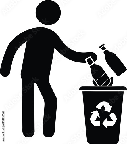Person discarding glass bottles into a recycling bin symbol of waste management
