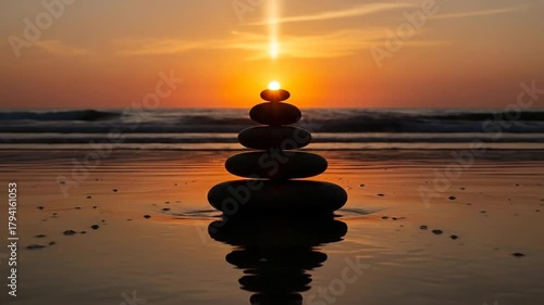 Stacked Stones Reflecting Golden Sunset on Wet Sandy Beach Ocean Waves Gentle Shoreline Calm Atmosphere