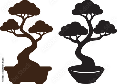 Two stylized bonsai trees in pots one brown silhouette and one black silhouette