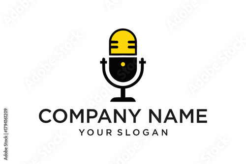 Modern Yellow and Black Microphone Logo Design for Podcast and Audio Media