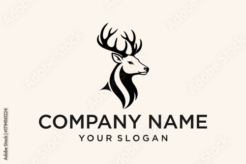 Elegant Stag Deer Head Logo Design with Antlers, Minimalist Black and White Animal Mascot Illustration for Branding