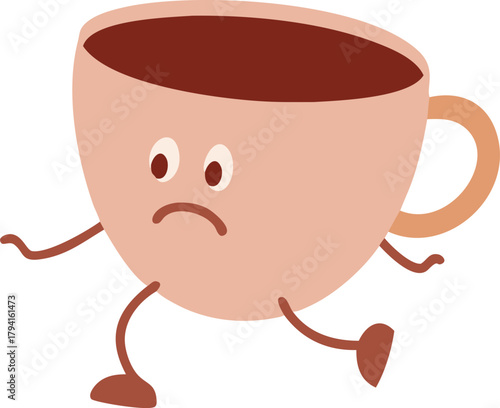 A sad cartoon coffee cup character with arms and legs running away in a hurry expressing disappointment or fear