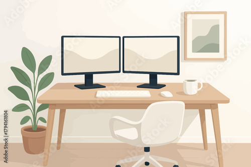 Minimalist home office with dual-monitor computer desk, ergonomic chair, indoor plant, coffee cup, and framed artwork—perfect workspace for remote work, productivity, and modern interior design.