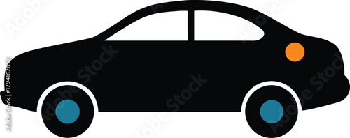 Simple black silhouette of a sedan car with blue wheel accents