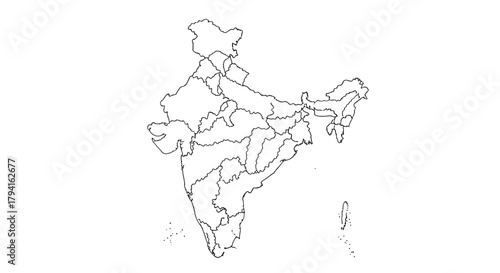 Detailed Outline Map of India with State Boundaries in Black and White