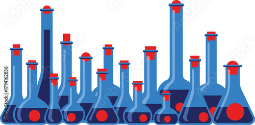 Colorful laboratory glass bottles vector illustration, science experiment flasks with liquid, chemistry equipment design for research, lab, and education.