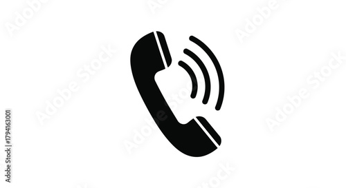 Black and white telephone receiver icon with sound waves symbol