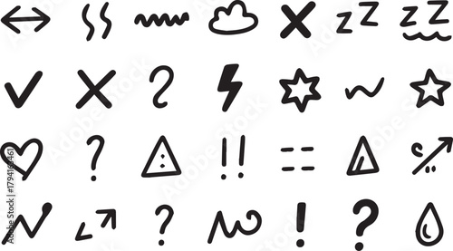 Line movement effect element, Hand drawn cute doodle line element arrow,  cartoon emotion effect decoration icon. emphasis, shock, sparkle. Anime movement, express shape. Vector illustration.