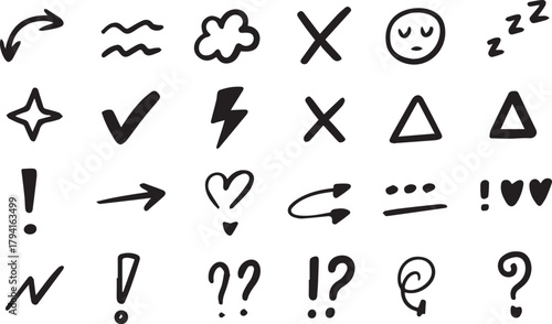 Line movement effect element, Hand drawn cute doodle line element arrow,  cartoon emotion effect decoration icon. emphasis, shock, sparkle. Anime movement, express shape. Vector illustration.